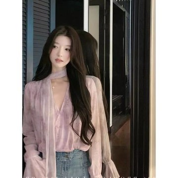 法式溫柔風紫色V領碎花飄帶雪紡衫女夏長袖氣質顯瘦小眾百搭上衣
