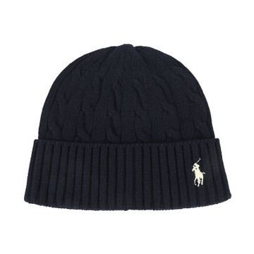RALPH LAUREN POLO 小馬刺繡LOGO素面純棉麻花針織帽-藍黑色