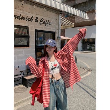 大碼胖mm慵懶風復古格子長袖襯衫女秋季新款寬松百搭時尚開衫上衣