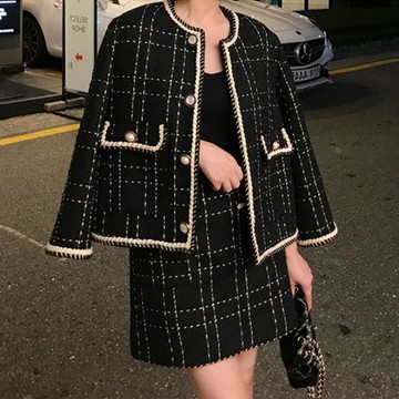 名媛小香風套裝女2024年春季新款粗花呢法國小眾洋氣半身裙兩件套