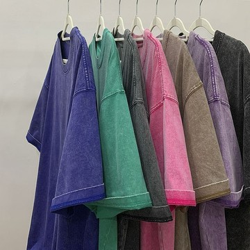 純棉女T恤  水洗做舊  純色複古T恤  oversize 寬鬆短袖  情侶款  多巴胺半袖上衣女 0MX0