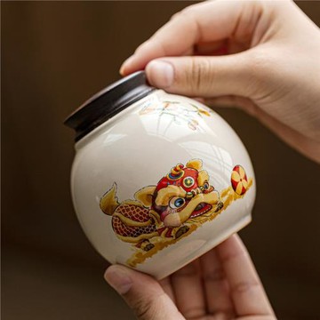 中式醒獅茶葉罐精致便攜茶葉罐陶瓷小號茶葉散裝罐防潮密封儲存罐