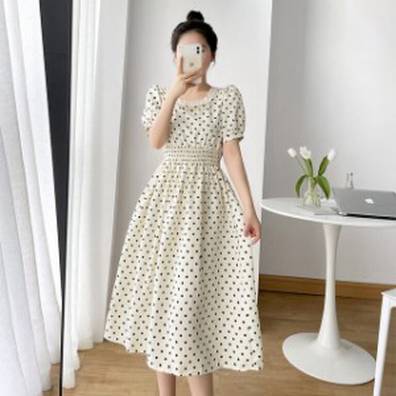 ドット柄ワンピース ドット柄スカート ワンピース ロング レディース ミモレ丈 ひざ下丈 水玉 スクエアネック フリル バックリボン 背中 通販 Lineポイント最大1 0 Get Lineショッピング