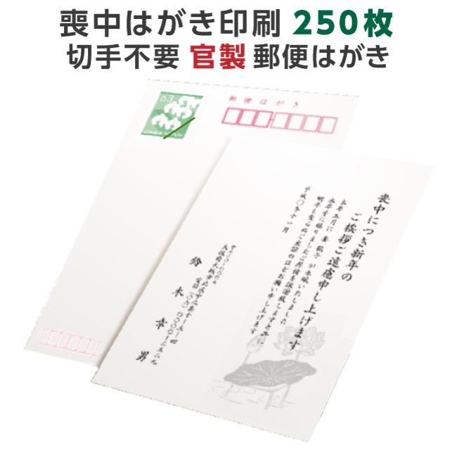 喪中はがき 寒中見舞い 印刷 250枚 官製 郵便ハガキ 用紙 年賀欠礼 名入れ 帰蝶堂