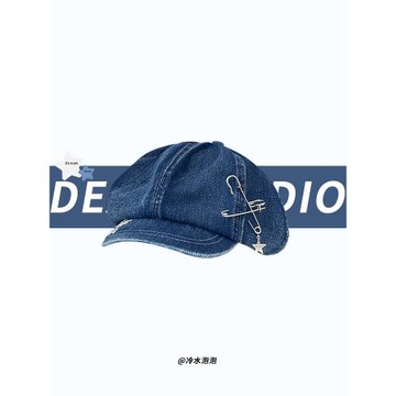 日系復古星星別針大頭圍云朵八角帽子女2024新款百搭顯臉小貝雷帽