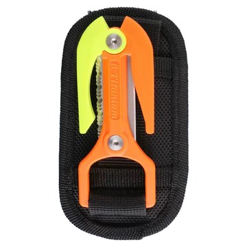 AQUATEC 切線刀 KN-60 刀片可以輕鬆切割達 0.3 英寸 (8 毫米) 寬和 2 英寸（5.1 厘米）尼龍織帶 鈦材質  102 x 40mm  橘色 + 黃色 + 黑色