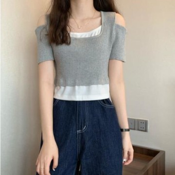 露肩假兩件百搭上衣