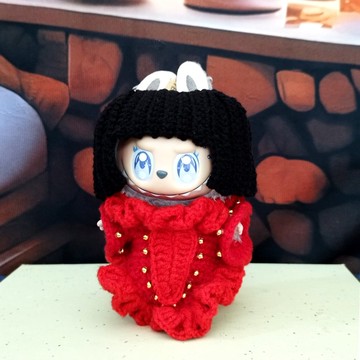 拉布布娃娃ladygaga紅裙,鉤針製作高定娃娃禮服,手工高級時尚