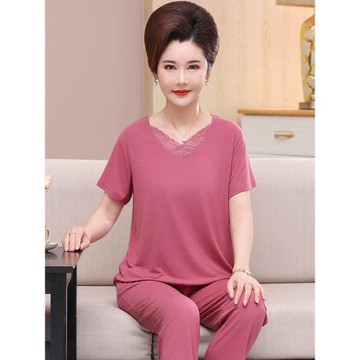 媽媽夏天短袖長褲莫代爾棉睡衣薄款冰絲涼感中年人婦女休閑家居服