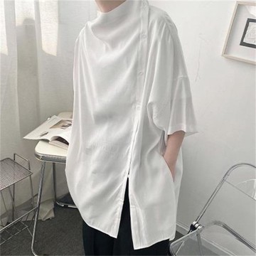 新款潮男女情侶洋氣山本冷淡風五分袖襯衫中長款寬松男插袋襯衣