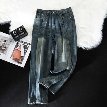 重磅水洗拼接彎刀牛仔褲男生高街vibe春夏季寬松垂感闊腿微喇長褲