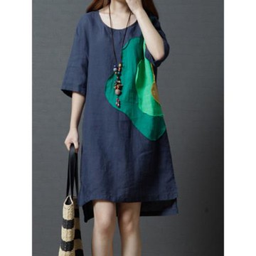 大碼女裝夏季韓版胖mm寬松顯瘦遮肚印花中裙不規則短袖棉麻連衣裙