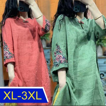 【韓國K.W.】KBN7283手工刺繡工藝亞麻洋裝(涼感/連身裙/中長裙/長裙/輕薄/短袖)