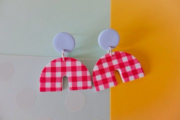 野餐系列 - 印花格紋 小拱橋 手工軟陶耳環/可改夾