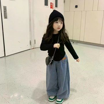 【台灣出貨】免運兒童裝女寶寶春秋款長袖T恤套裝女童修身打底衫牛仔闊腿褲兩件套