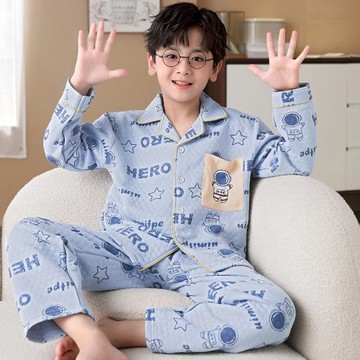 秋冬季男童睡衣2023新款兒童三層空氣夾棉卡通男孩加厚家居服套裝