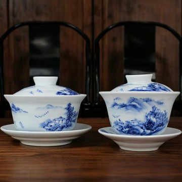 京德貴和祥專柜青花茶杯手繪三才景德鎮陶瓷茶具茶碗山水蓋碗大號