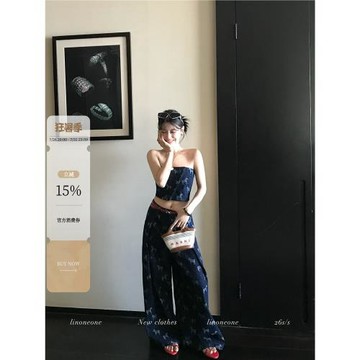 LINONEONE羅馬街角 韓系休閑發財小馬牛仔提花打攬抹胸闊腿褲套裝