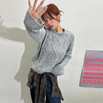 蓬鬆感麻花毛衣-灰【KT224725】
