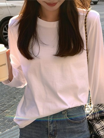 正肩長袖T恤女純白色打底衫女加絨外套內搭秋裝冬季寬松上衣純棉【雲木雜貨】