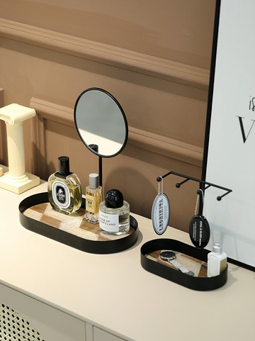 木紋橢圓收納盤 化妝品收納架 黑色鐵藝桌面托盤 ins風玄關鑰匙盤