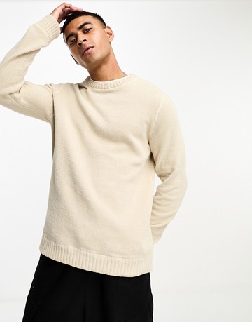 Only & Sons crew neck chenille jumper in beige-Neutral