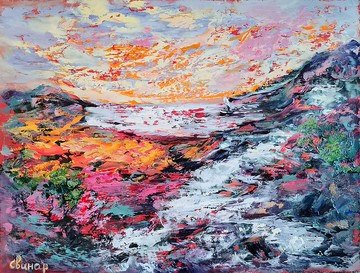 船 山 樹 花 日落 原始藝術 油畫 藝術家 Svinar Oksan