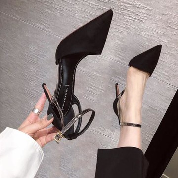 包頭涼鞋2025年新款夏季黑色單鞋法式女細跟網紅尖頭一字帶高跟鞋