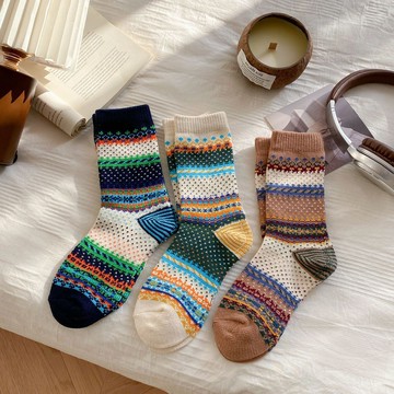 🧜‍♀️H系列🍁店主推薦🍀美式輕奢複古民族風粗綫咔嘰街頭風費爾島情侶ins中筒堆堆襪子女純棉新款小紅書爆款保暖女襪