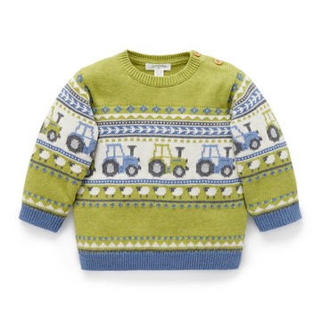 澳洲Purebaby有機棉兒童長袖針織衫18M-5T 藍綠拖拉機