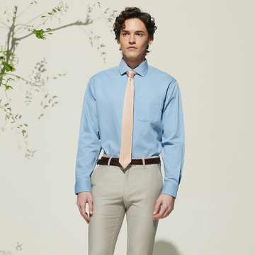 門襟撞色線設計素面長袖休閒襯衫/粉藍色 | 5112005872