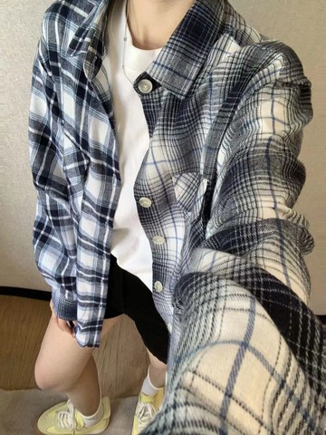 襯衫外套日系復古藍黑色格子女寬松休閒顯瘦襯衣開衫外穿時尚百搭夏季新款【倪醬】