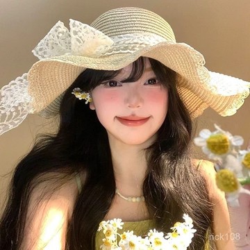 海邊度假🌟 夏季蕾絲太陽帽防曬蝴蝶結遮陽草帽帽簷度假沙灘透氣海邊遮陽帽沙灘帽 防曬帽