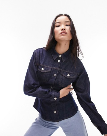 Topshop denim cinch waist shirt in indigo-Blue