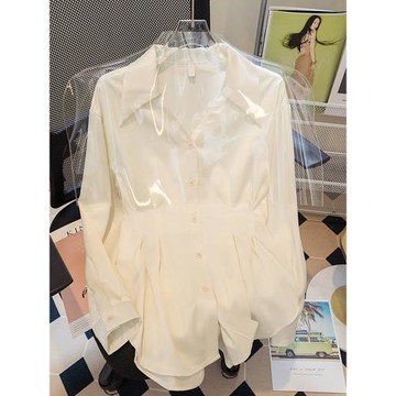 大碼女裝2026秋季收腰V領燕尾襯衣胖mm設計感小眾別致中長款襯衫