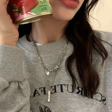A197 CU🇰🇷現貨 雙層疊戴項鍊🖤金屬方牌 古巴項鍊 鈦鋼項鍊 鎖骨鏈