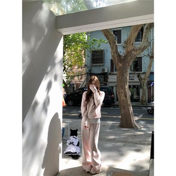 sasaouni 粉色衛褲女2025早春新款運動褲闊腿褲直筒褲子休閑褲