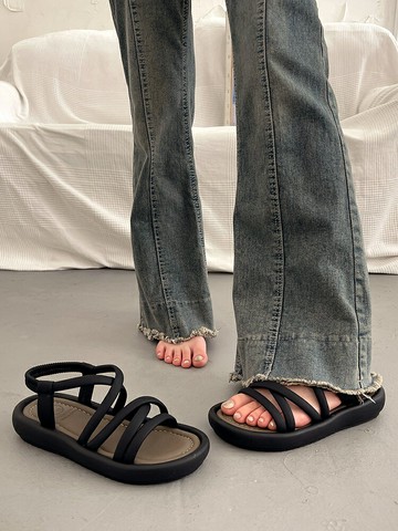 法式厚底配裙子涼鞋女夏外穿高級感2024新款仙女風平底百搭羅馬鞋【淘夢屋】