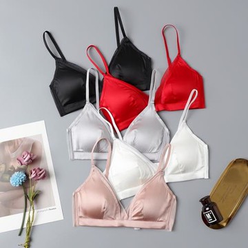 春夏綢緞真絲無鋼圈文胸 桑蠶絲薄款無痕法式三角內衣 可拆卸胸墊