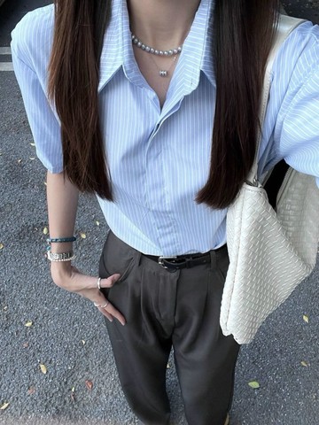 藍色條紋襯衫女短袖夏季 全新中袖上衣職業正裝通勤面試穿搭 AJ313