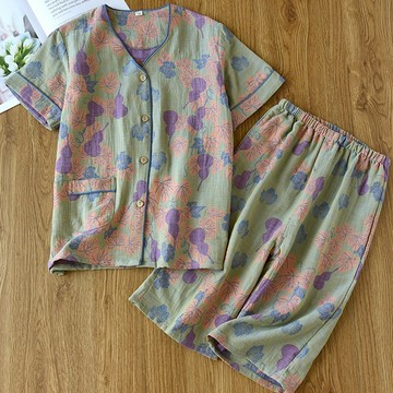 【現貨】色織純棉睡衣女春夏季短袖七分褲家居服套裝2025年新款薄款中老年