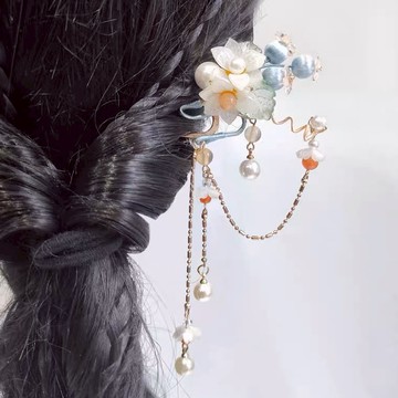 南國曲奇超溫柔漢服發釵發飾配飾淺藍色短發釵流蘇對釵日常古風女 z8093