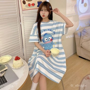 夏季睡裙 家居服女 薄款睡衣 睡裙女 短袖睡裙 連衣裙女 寬鬆大碼睡裙 卡通睡裙 過膝女士睡衣 睡衣女
