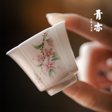 青亦丨桃花賦 蒼煙紅釉下彩手繪陶瓷品茗杯家用花口茶杯主人杯