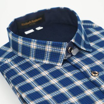金安德森 藍色細格紋加絨保暖窄版長袖襯衫