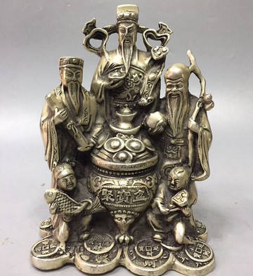 古玩收藏精品 白銅鍍銀銅器風水擺件純銅 福祿壽聚寶盆居家擺設