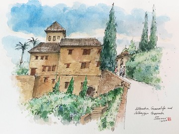 阿罕不拉宮近郊/手繪水彩原作/含木框