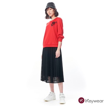 KeyWear奇威名品     百褶棋盤格裝飾腰帶長裙-黑色