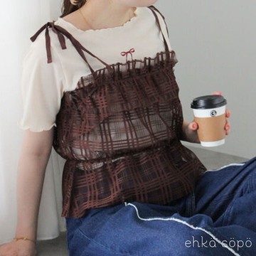 ehka sopo 格紋薄紗綁帶縮褶背心