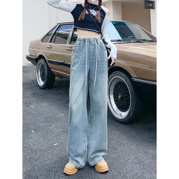 松緊腰闊腿牛仔褲女秋季2025年新款寬松高腰顯瘦直筒拖地褲子春秋